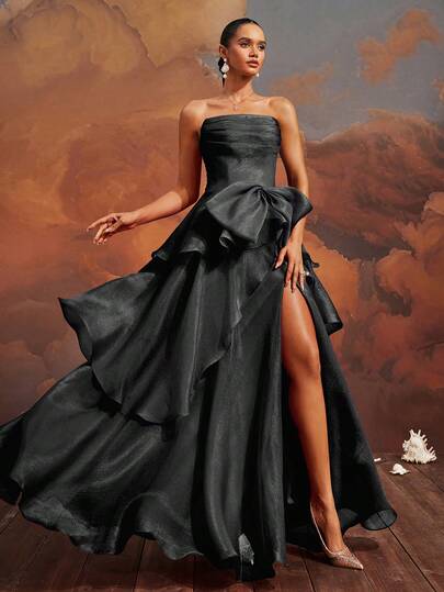 VIPGIRL Đầm dạ hội màu xám thanh lịch không dây vai, xếp lớp, xẻ tà cao, có nơ, dài đến sàn, đầm dự tiệc, đầm cocktail thời trang, đầm dự tiệc duyên dáng, đầm dạ hội cưới mùa xuân dành cho nữ