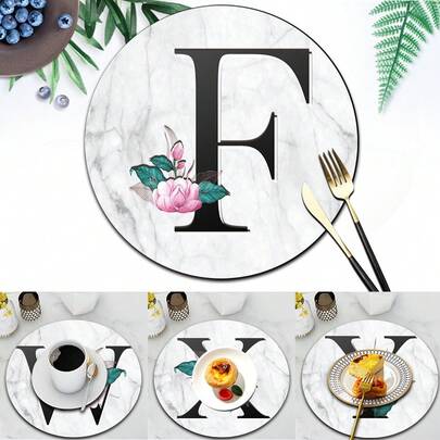 圆形PU防滑隔热垫，可重复使用，适用于餐厅、咖啡桌、单人餐桌、厨房，适合家庭聚会、派对、桌面装饰及配件，白色大理石纹，26个字母图案