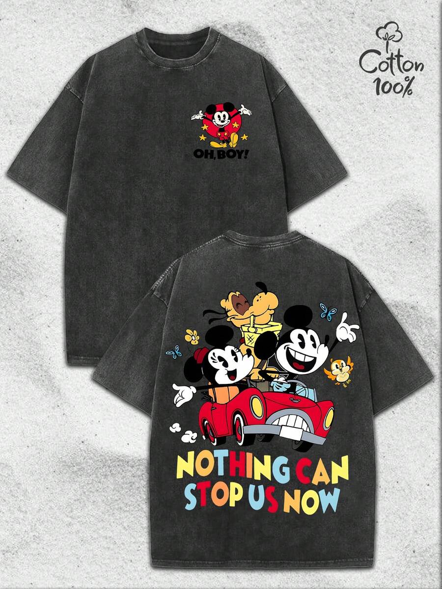 Disney Mickey & Minnie Mouse Road Trip Double-Sided Graphic Vintage Washed Oversized T-Shirt, 100% Cotton Retro Disney Adventure Tee For Men/Women - màu đen - Xem 1