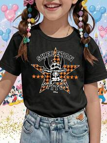 Disney Lilo & Stitch Skeleton Halloween Star Plaid Printed Pattern T-Shirts For Girls - Children's Clothing Design Short-Sleeved Casual And Cute Style Comfortable And Casual Wear All Year Round Suitable For Parties And Play Machine Washable Gift Children's Clothing Girls' Short-Sleeved Shirts - màu đen - Xem 1