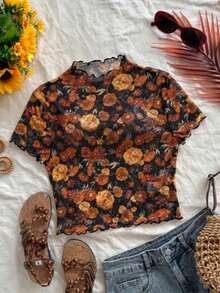 女士立领上衣，通体花卉印花，雏菊荷叶边装饰，轻薄沙滩度假风 - 黑色 - 查看 1