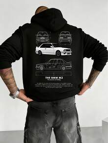 M3 Classic Car-Themed Hooded Sweatshirt, Street Style, Men's Black Hooded Sweatshirt, Comfortable Pullover, Car Culture Themed Hoodie, Casual Sportswear, Versatile, Winter Coat, Gift For Men - 黑色 - 查看 2