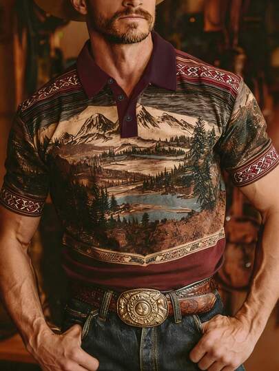 Men's Vintage Street Scenery Print Polo Shirt, Short Sleeve, Summer