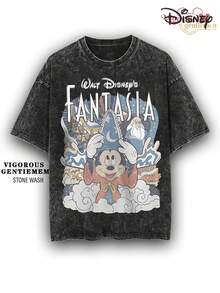 Disney Fantasia Mickey Wizard Stone Wash Cotton 180g Streetwear Tee - Black - View 1
