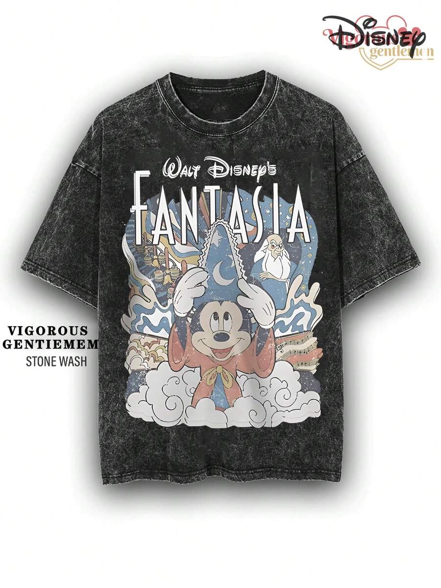 Disney Fantasia Mickey Wizard Stone Wash Cotton 180g Streetwear Tee - Black - View 1