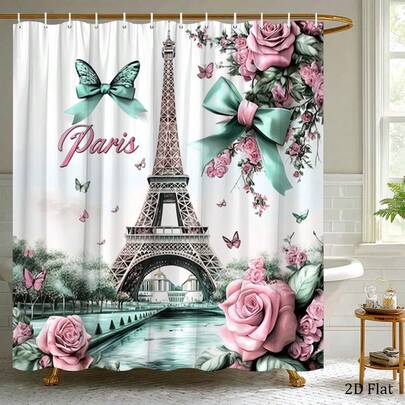 1 Piece Of Paris-Themed Shower Curtain, Featuring The Eiffel Tower And Rose And Butterfly Floral Designs| Polyester Fabric, 179.83X 179.83cm , Includes 12 Hooks, Stylish And Washable Bathroom Decoration, Valentine's Day Home Decoration UVRQ