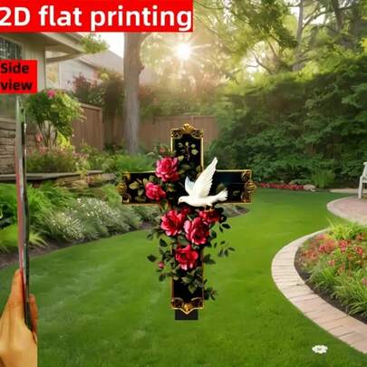 1pc White Dove Flower Pattern Cross Memorial Garden Marker, Acrylic 2D Flat Design Cross Gravestone Tribute Decor, Small Gift For Loved Ones