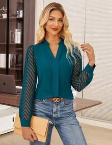 Women Business Casual Tops Sheer Lace Long Sleeve Blouses Work Office Pleated V Neck Shirt Fall Formal Outfits - Peacock Blue - 查看 3