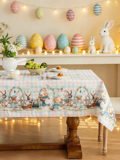 1pc Easter Plaid Rabbit Tablecloth, Cute Rabbit Pattern, Washable, Rectangular Tablecloth For Dining Table, Coffee Table, Cabinet Cover, Suitable For Home, Kitchen, Dining Room, Living Room, Dining, Gathering, Party Decoration, Celebration, Gift, Easter Decoration