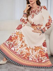 Women's Elegant Retro-Print Long-Sleeve Dress – Fitted Waist A-Line Silhouette, Ideal For Everyday Wear, Festive Parties & New Year's Celebrations - Apricot Orange - View 3