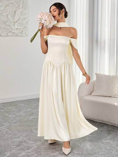 女士新款优雅时尚A字吊带连衣裙 - 不对称弧形廓形，垂褶腰带，是度假、浪漫约会、毕业派对和婚礼的理想之选