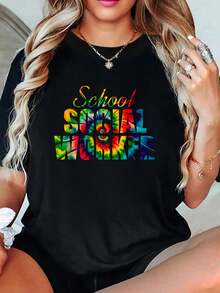 School Social Worker Tie Dye Appreciation Social Work T-Shirt, Tops For Women, Vacation Outfits Woman, Summer Tops - Black - View 1