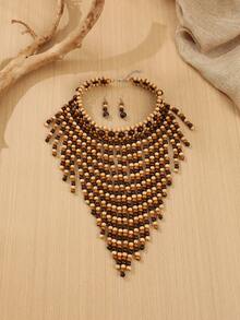 1 Set Handmade Multi-Layer Random Color Wooden Bead Statement Necklace, Boho Style Beach Holiday Party Middle Eastern Evening South Asian Inspired Jewelry Necklace & Earrings For Women - Coffee Brown - View 5