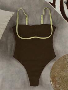 Khaki Contrast Color Hollow Out One-Piece Swimsuit, Halter Neck Design + Cutout Waist, Exudes Elegant Vibe, Easy To Create Sexy Vacation Look - Coffee Brown - View 4