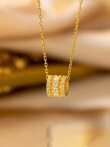 RAYQUEEN 1pc Stainless Steel Chain With Cubic Zirconia Round Pendant Necklace, Suitable For Daily Wear - Yellow Gold - View 2