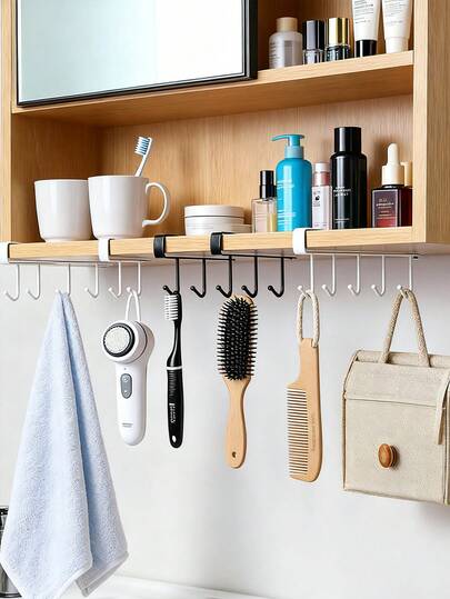 1 cái/Trắng/Đen Giá treo đồ 6 móc, không cần khoan, thanh móc treo đa năng, móc treo quần áo, móc nhà bếp không cần khoan, giá treo móc dán, giá đựng dụng cụ nhà bếp kiểu ray, giá treo nồi chảo nhà bếp