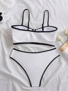 休闲优雅镂空白色黑色滚边度假沙滩泳装套装 - 白色 - 查看 5