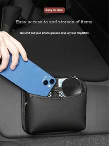 1pc Leather Car Storage Bag, Adhesive Car Phone Holder Organizer Pouch - Black-3096 - View 4