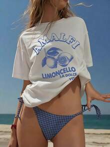 Damen Loose Fit Italien Urlaubs T-Shirt, schnelltrocknend atmungsaktiv Rundhals T-Shirt Muster mit "Amalfi Zitrone Wein Süßes Leben" Zitronen Muster, INS viraler Küstenstadt Mädchen Ästhetik Street-Style, geeignet für Strandurlaub, Kreuzfahrt, Italien Reise und Badeanzug Strandkleid Casual Weiß - Weiss - Übersicht 5