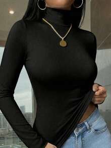 Áo thun nữ cổ cao tay dài, màu trơn, dáng ôm, thích hợp cho mùa xuân/thu/đông, kiểu dáng thường ngày màu đen. - màu đen - Xem 2