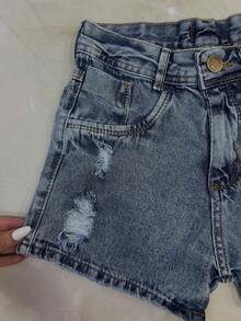 Denim Shorts With Folded Hem, 100% Cotton. - Teal Blue - View 2