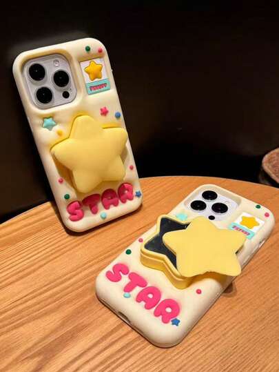 Fashionable Cartoon Cute Polka Dot Dopamine 3D Star Flip Mirror Phone Case, Compatible With IPhone 17, 14, 13 Pro Max/12/11, Silicone Material, Need To Peel Off Protective Film Before Use