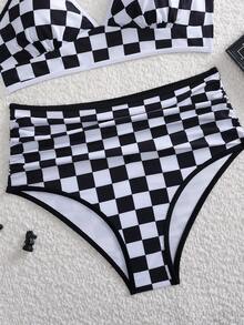 Casual Checkered Two-Tone Swimwear Set With Tie Back, Vacation - Black and White - View 8