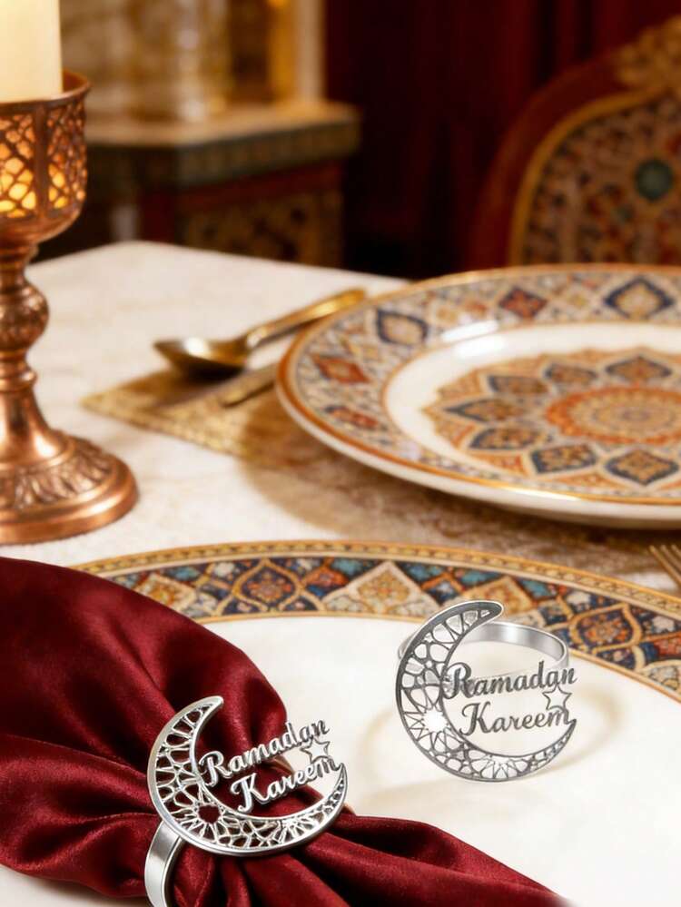 4-12pcs Ramadan Crescent Moon & Letter Napkin Rings, Suitable For Ramadan Party Table Decor - Multicolor - View 1