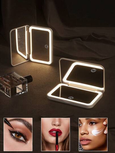 LED Makeup Mirror, Portable Mini Makeup Mirror With 400mAh USB Rechargeable Battery, Dimmable & Magnifying Folding Travel Mirror, 3 Lighting Modes (White/Natural/Warm Light) & Touch Screen, Multifunctional Vanity Mirror, Suitable For Dorm, Travel, Office, Best Gift For Women