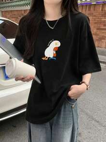 女士宽松圆领短袖字母卡通鸭子印花T恤，春夏款 - 黑色 - 查看 2