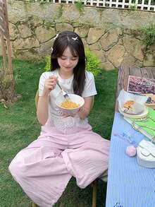 Cute Sweet Gentle Lace Trim Pink Casual Pants, Lightweight Loose Wide Leg Women's Trousers, Spring/Summer - Pinkish-purple - View 2