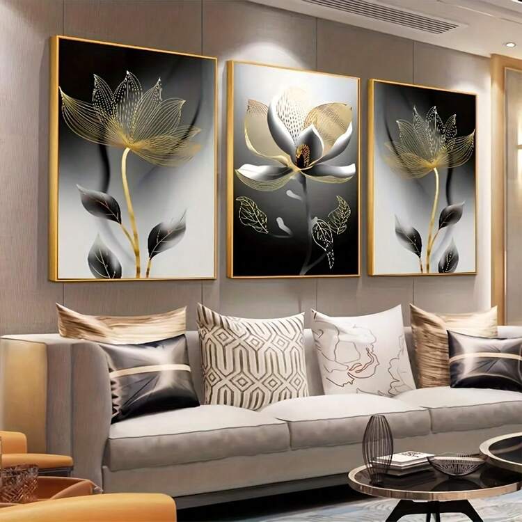 三幅一组的抽象植物花卉墙面艺术装饰画，热带植物装饰海报，家居装饰挂画，创意家居礼品，适用于客厅、书房、卧室、浴室、厨房，无框帆布海报 - 花 - 查看 3