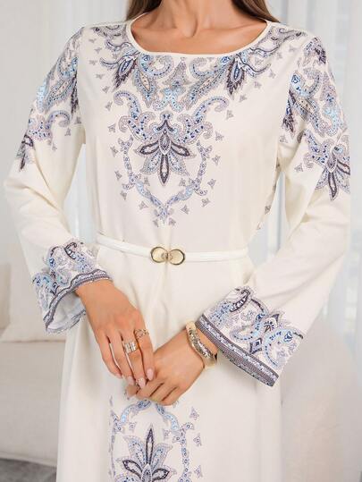 女士优雅植物印花宽松长连衣裙 – 圆领，适合休闲度假和节日派对，春季连衣裙，女士优雅长裙，女士优雅连衣裙，开斋节