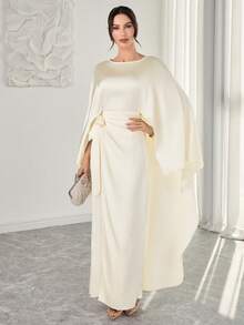 优雅香槟色缎面女士礼服 – 圆领，腰部系带，披肩袖，适合夏季穿着，也适合海滩度假、参加派对、婚礼等场合，是春季女士优雅连衣裙的理想之选。 - 杏色 - 查看 7