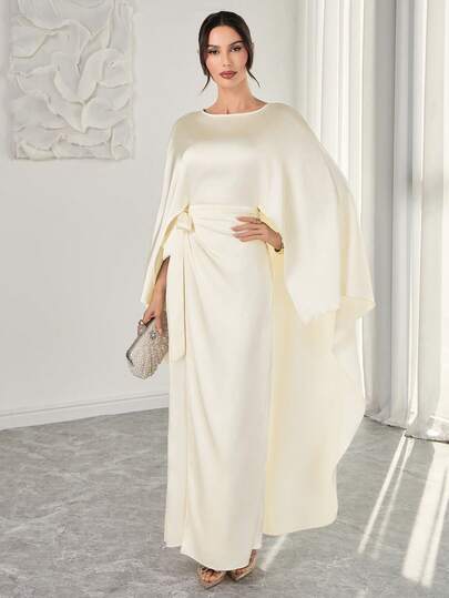 Women's Elegant Champagne Satin Dress - Round Neck, Waist Tie, Flowing Long Sleeves, Graceful Middle Eastern-Inspired Style, Ideal For Formal Occasions And Parties.