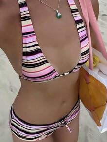 Nuevo conjunto de bikini a rayas sexy con espalda descubierta y lazo, traje de baño de verano para playa y fiesta en la piscina - Multicolor - Ver 1