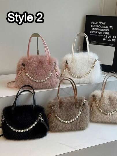 Lightweight Faux Fur Shoulder Bag With Adjustable Strap, Magnetic Closure, And Soft Top Handle, Suitable For Daily Use; Honey Girl Style, Faux Leather Lining; Women's Fluffy Handbag; Plush Shoulder Bag; Casual Faux Fur Bag; Fashionable Winter Style Bag; Soft Texture Handbag With Furry Handle, Suitable For Daily Commute, Shopping, Winter Activities And Leisure Occasions.