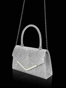 Shiny Ladies' Evening Clutch, New Stylish Handbag And Evening Bag, Paired With A Three Pieces Sparkling Rhinestone Evening Jewelry Set, Including A Dazzling Pendant Necklace, Earrings, And Bracelet. Perfectly Matches Wedding Dresses, Sequin Dresses, And Prom Gowns, Suitable For Parties, Weddings, And Proms. - Silver - View 5