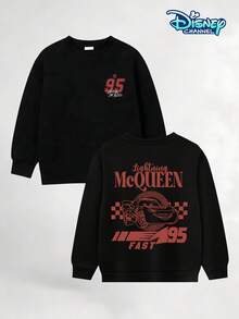 Boys' Crew Neck Pullover Sweatshirt, Suitable For Spring, Autumn, And Winter, For Children Aged 5-12. Black, Loose And Comfortable Fit. Features A Small Red "95 Lightning McQueen" Print On The Left Chest And "Lightning McQueen" Lettering And Lightning McQueen Racing Car Lines On The Back, Decorated With A Checkered Flag And "95 FAST" Lettering. Disney Cars Themed Design. Skin-Friendly And Breathable Fabric. Can Be Paired With Jeans, Sweatpants, Or Casual Shorts For Various Styles. Eye-Catching Racing Theme Design, A Must-Have For Back-To-School Season. Machine Washable And Durable. Suitable For All Body Types. Versatile And Practical Children's Top. Popular American Children's IP Themed Top. Boys' Everyday Casual Top. Disney Element Children's Fun Printed Pullover Sweatshirt. Comfortable And Skin-Friendly Top For Teenagers. Unique Patterned Boys' Sweatshirt. - 黑色 - 查看 3