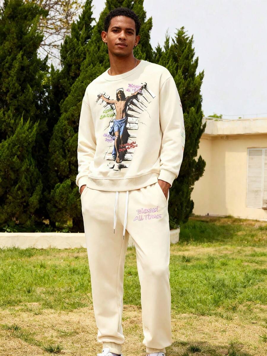 2pcs Men Solid Color Crew Neck Long Sleeve Sweatshirt And Jesus Design Decorated Long Pants Set, Autumn - Màu be - Xem 1