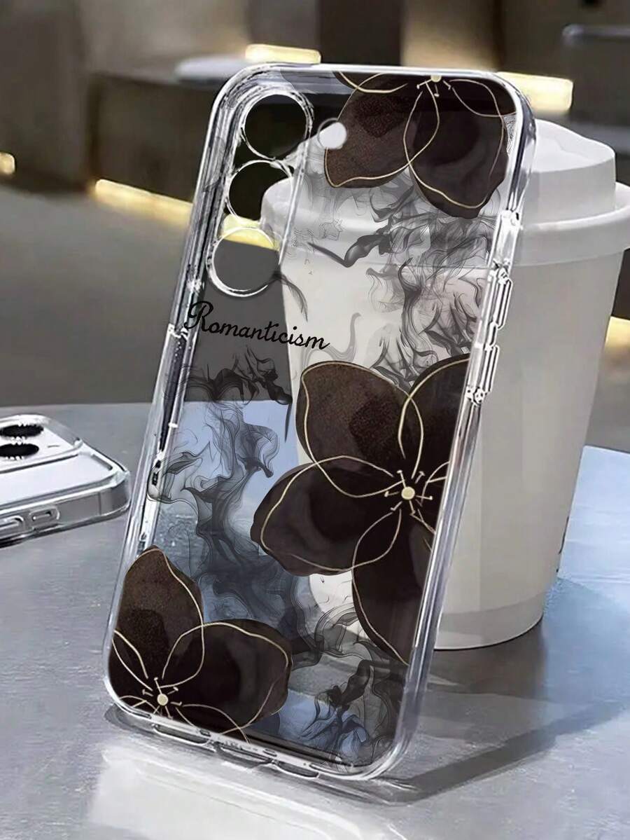 Black Floral Painted Hollow Transparent Painted Minimalist Fashion Creative Shockproof Phone Case Compatible With Ip 17/Ip 17pro/Ip 17promax/ IP16/11/16pro/16plus/16promax/16e/15Promax/13/14/12/XS/XR/7G/8P, Compatible With Samsung Galaxy S25/S25PLUS/S25 Ultra/A16/A36/A26/A56/A50/A12/A32 - Multicolor - View 1