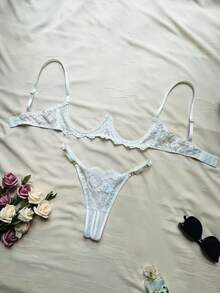 女士性感内衣套装，刺绣网纱文胸，丁字裤，半透明束腰文胸，深V文胸，浪漫女士文胸 - 白色 - 查看 5
