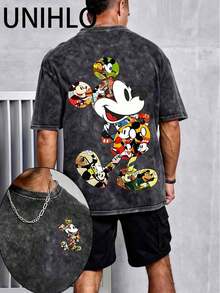 Disney UNIHLO  Mickey    Printed Summer Heavyweight Retro Washed Street Fashion Casual T-Shirt - Black - View 1