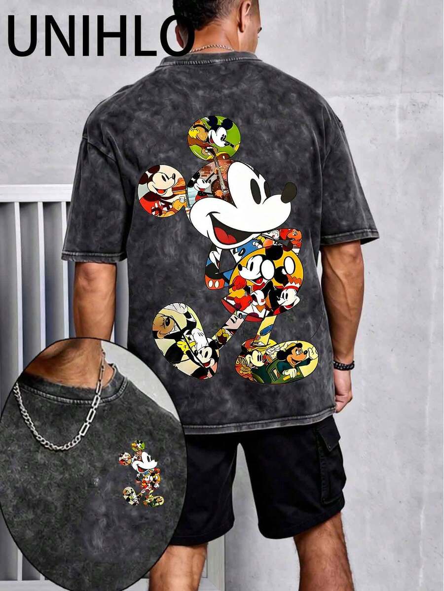 Disney UNIHLO  Mickey    Printed Summer Heavyweight Retro Washed Street Fashion Casual T-Shirt - Black - View 1