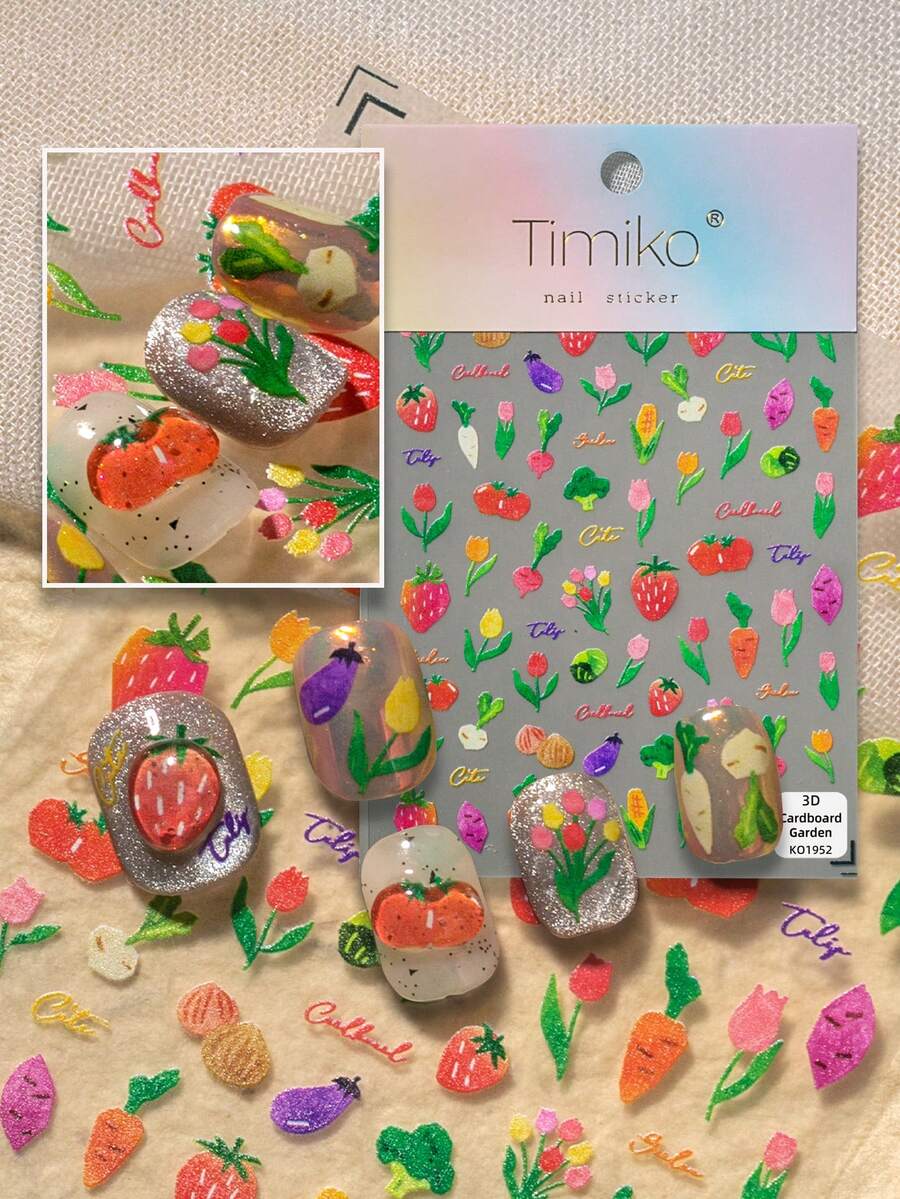 1 Sheet Farmhouse Style Nail Art Stickers, Featuring Strawberry, Cherry, Carrot, Eggplant, Mushroom, Broccoli, Tulip And Small Flowers, Fresh And Cute Style, Full Of Playfulness And Vitality, Suitable For Spring And Summer Nails - Multicolor - View 1