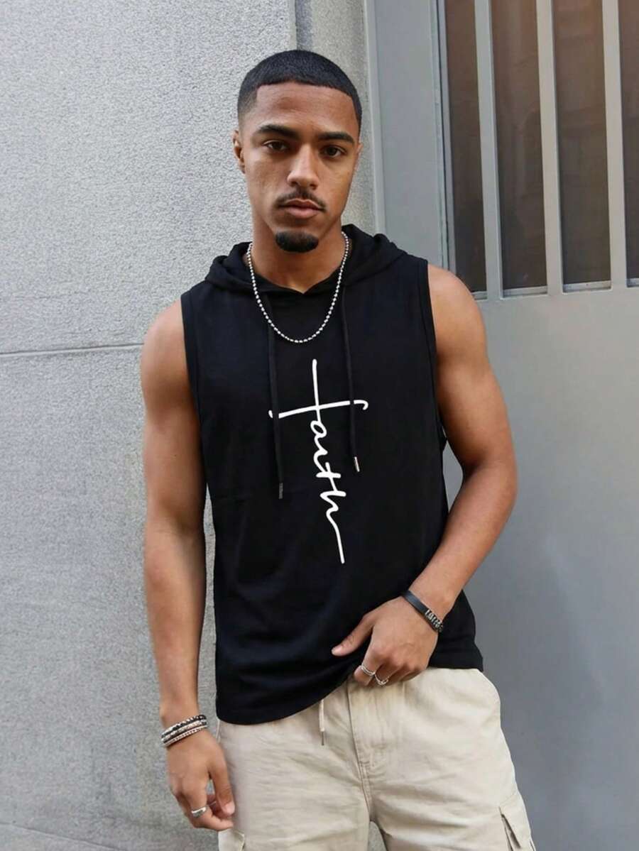Men's Solid Color Drawstring Hooded Casual Top, Emo - Black - View 1