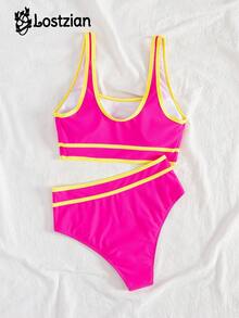 2026 性感优雅比基尼泳衣，粉色尼龙上衣，黄色滚边，圆领宽肩带休闲上衣，高腰泳裤，舒适休闲可爱泳装，适合海滩度假、泳池派对、情人节、嘉年华等场合，性感优雅的装扮，关注店铺 - 彩色 - 查看 2