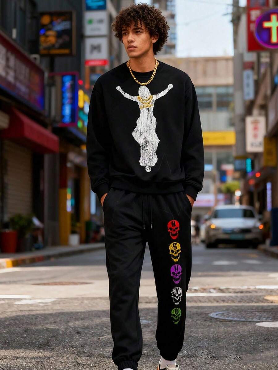 2-Piece 250g Essentials Crewneck Sweatshirt,Jesus Design Decorated Long Pants Set,Graphic Crewneck Sweatshirt,Streetwear,Y2k,Clothes For Men,Crewneck Sweatshirt For Men,Long Sleeve Tops,Fall Clothes For Men,Funny Crewneck Sweatshirt,Men'S Casual Graphic Sweatshirt & Jogger Set - Pink & Black Print Design, Loose Fit, Long Sleeve Pullover With Drawstring Waist, Perfect For Fall/Winter, Comfortable Clothing|Casual Style|Stretchy Fabric - màu đen - Xem 1