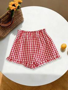 2pcs/Set Teen Girl Short Sleeve Top And Plaid Shorts (Random Cut) Creative Print Pattern Soft Set, Suitable For Spring And Summer Daily Wear - Multicolor - View 7