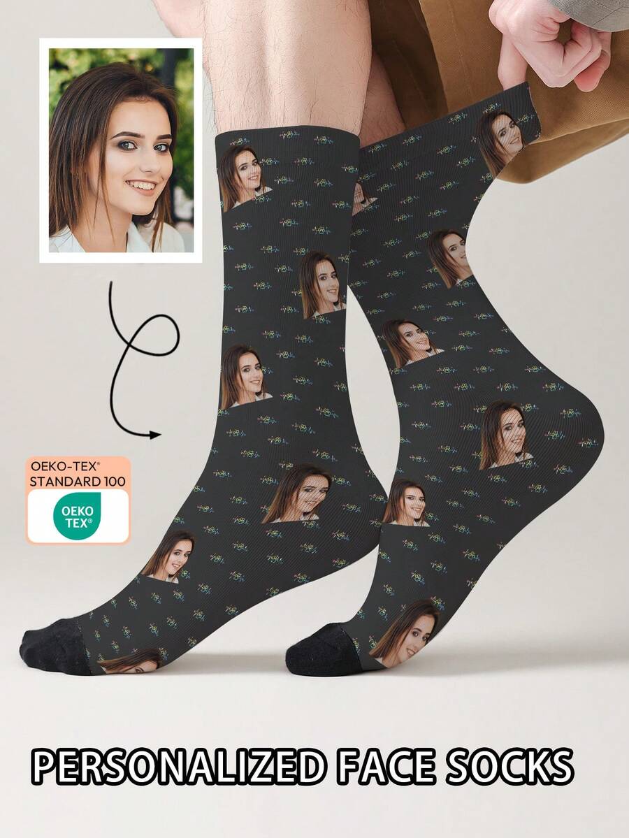 1 Par de Meias Personalizáveis com Rosto, Meias com Foto Personalizada, Meias Impressas Personalizadas, Meias Engraçadas com Rosto, Meias que Podem Ser Impressas com Qualquer Foto, Adequadas para Aniversário, Dia dos Namorados, Aniversário, Casamento, Dia das Mães, Dia dos Pais, Melhor Amigo, Presente para Mãe/Pai, Presente para Namorada/Namorado, Presente para Ela/Ele - Multicolorido - Visão 1